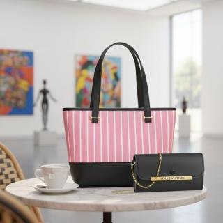 Elegant 2-Piece Women's Handbag Set: Chic Pink Striped Tote & Sophisticated Louis Vuitton Branded Chain Clutch