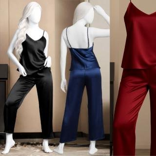 Satin Sleepwear Set – Spaghetti Top & Loose Trouser – Free Size (Black)