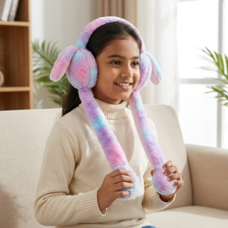 Cute Bunny Cap Headphone Plush Ear Muff Winter Headwear for Women & Girls – Soft Warm Cartoon Style (Random Color)